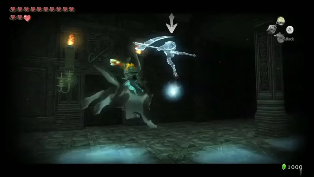 Wolf Link and Midna in a torch-lit ruins hall with a Poe nearby Wolf Link and Midna in a torch-lit ruins hall with a Poe nearby