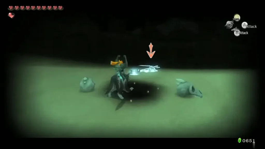 Wolf Link and Midna between stone skulls with a Poe nearby Wolf Link and Midna between stone skulls with a Poe nearby