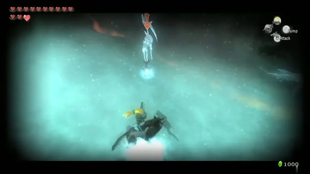 Wolf Link and Midna in snow below a Poe spirit marked by an arrow Wolf Link and Midna in snow below a Poe spirit marked by an arrow