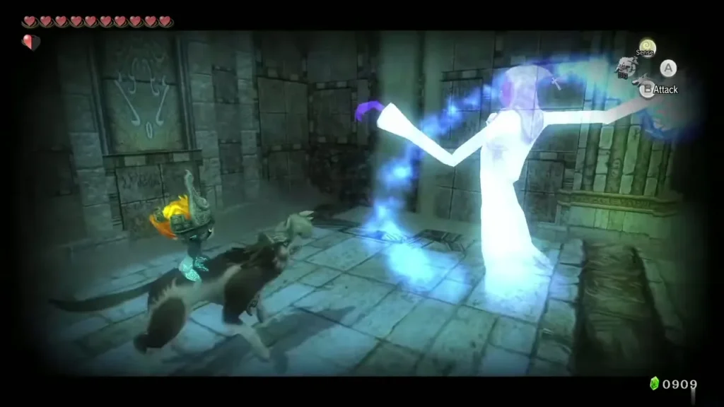Wolf Link and Midna facing a tall white Poe in a stone room Wolf Link and Midna facing a tall white Poe in a stone room