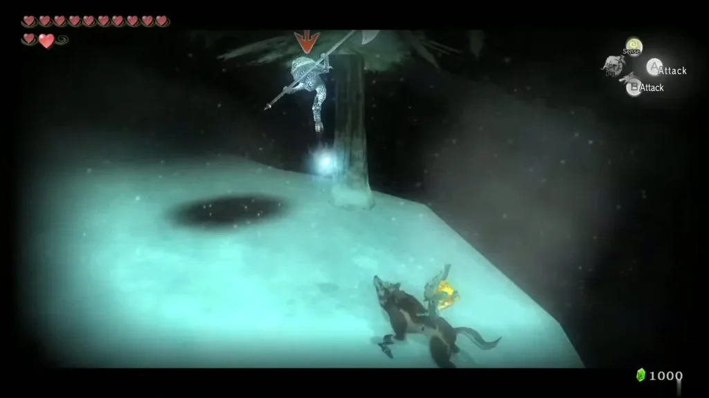 A Poe spirit hovering by a snowy tree with Wolf Link below A Poe spirit hovering by a snowy tree with Wolf Link below