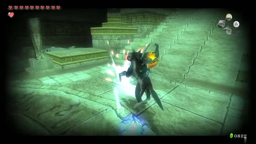 Wolf Link striking a glowing Poe on the chamber floor Wolf Link striking a glowing Poe on the chamber floor
