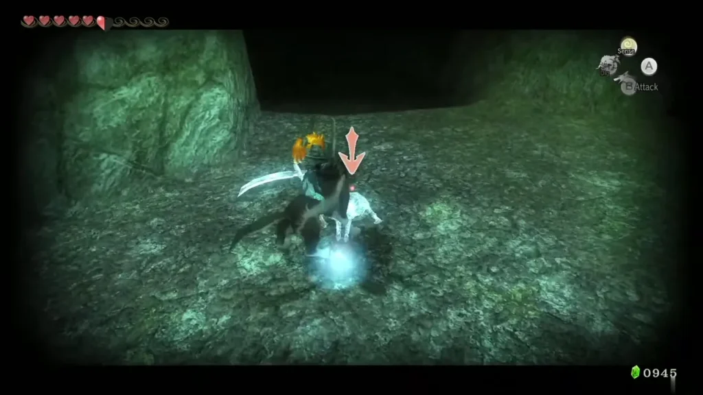 Wolf Link striking a Poe spirit in a dark mossy cave Wolf Link striking a Poe spirit in a dark mossy cave