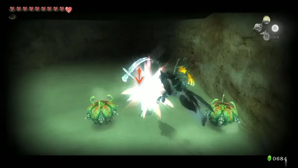 Wolf Link with Midna slashing a glowing Poe in a cave Wolf Link with Midna slashing a glowing Poe in a cave