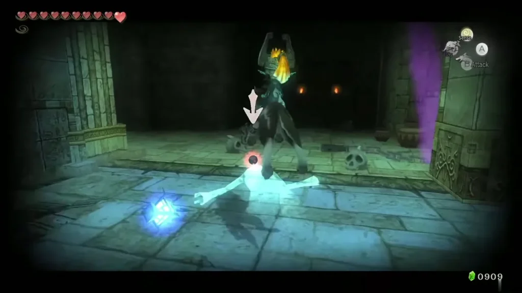 Wolf Link and Midna over a Poe spirit marked by a red target Wolf Link and Midna over a Poe spirit marked by a red target