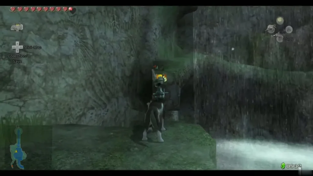 Wolf Link and Midna on a mossy ledge above the water in Zora's Domain Wolf Link and Midna on a mossy ledge above the water in Zora's Domain