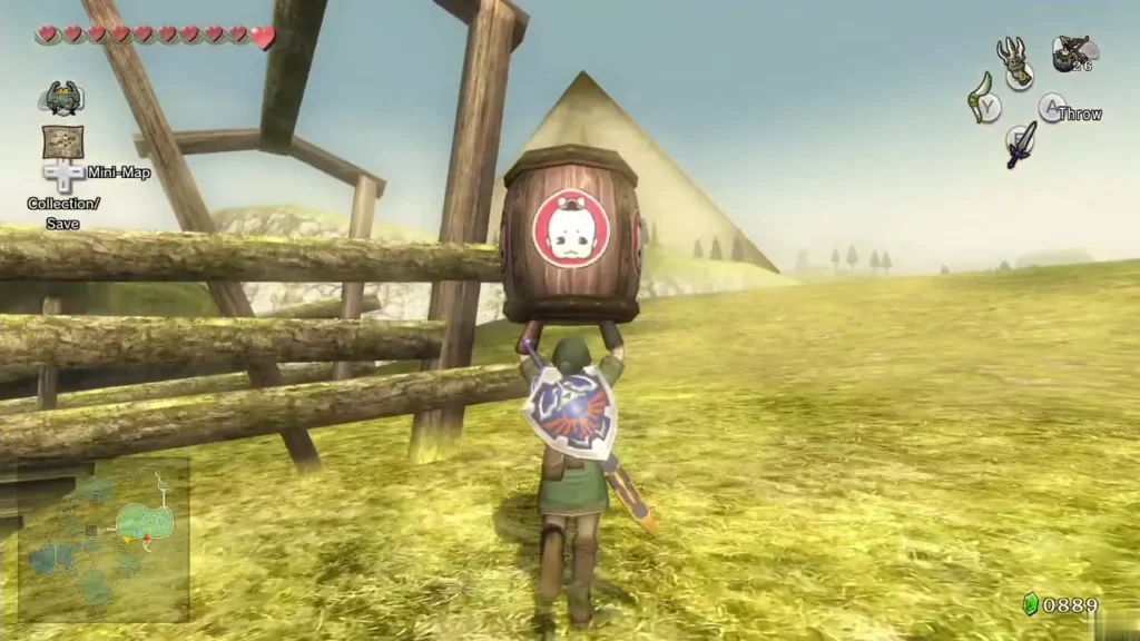 Link carrying a Hot Springwater barrel across Hyrule Field Link carrying a Hot Springwater barrel across Hyrule Field
