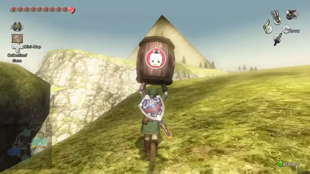 Link holding a Hot Springwater barrel up on a grassy slope Link holding a Hot Springwater barrel up on a grassy slope