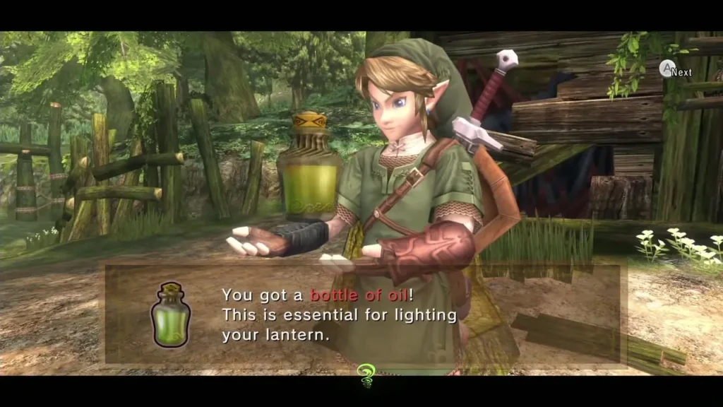 Link holding up the bottle of lantern oil bought from Coro Link holding up the bottle of lantern oil bought from Coro