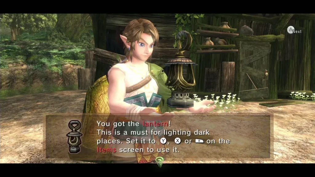 Link receiving a free Lantern from Coro beside Faron Spring Link receiving a free Lantern from Coro beside Faron Spring