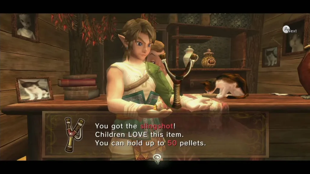 Link holding the Slingshot up at Sera's Sundries with its name box Link holding the Slingshot up at Sera's Sundries with its name box