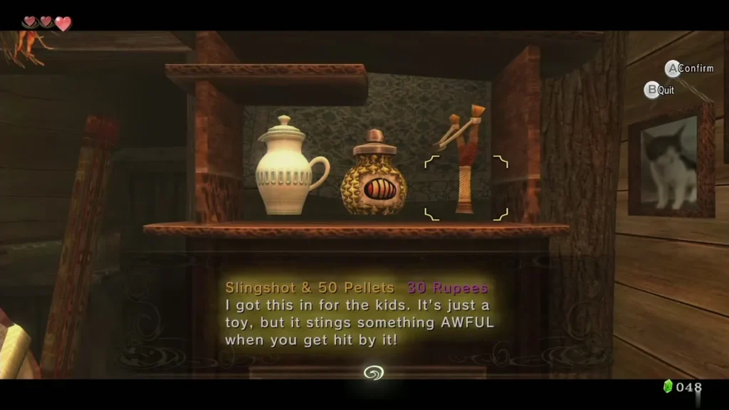 Slingshot and 50 pellets on Sera's shop shelf with a 30 Rupee price