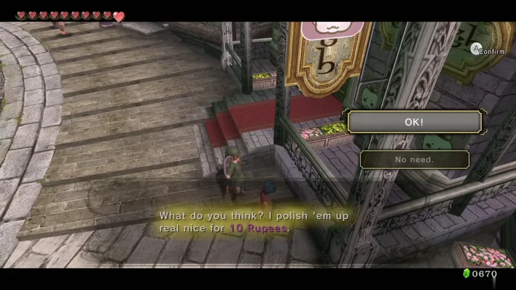 Soal offering to polish Link's shoes for 10 Rupees with OK and No need choices Soal offering to polish Link's shoes for 10 Rupees with OK and No need choices