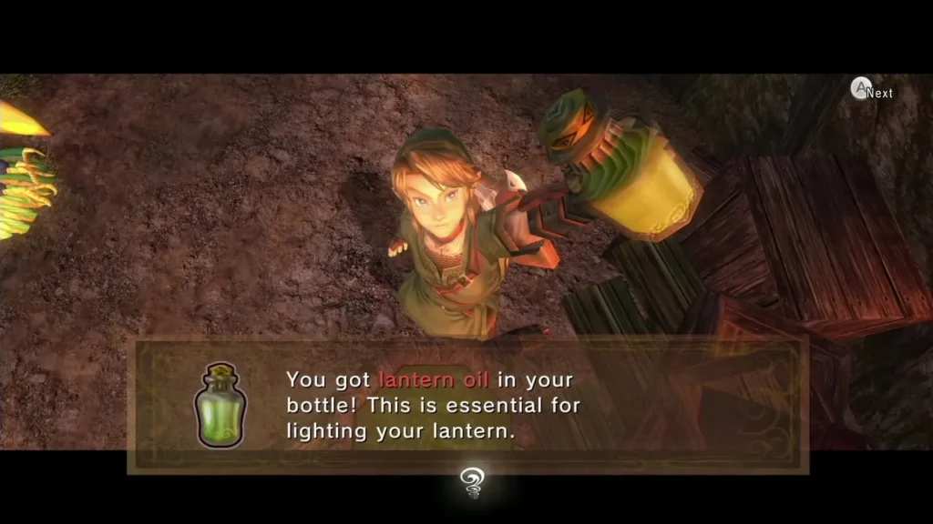 Link holding up a bottle of lantern oil with its message box Link holding up a bottle of lantern oil with its message box