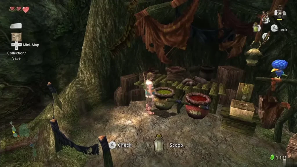 Link at Trill's stall with barrels of oil and potion and a Scoop prompt Link at Trill's stall with barrels of oil and potion and a Scoop prompt
