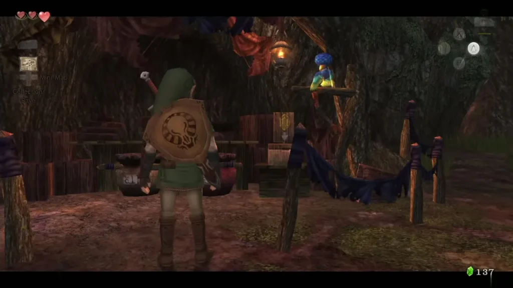 Link standing before Trill's stall with the blue bird on its perch Link standing before Trill's stall with the blue bird on its perch
