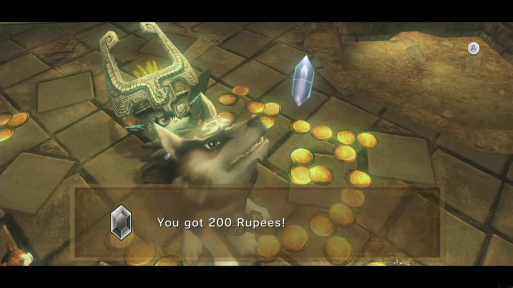Wolf Link and Midna among gold coins with a 200 Rupees message box Wolf Link and Midna among gold coins with a 200 Rupees message box