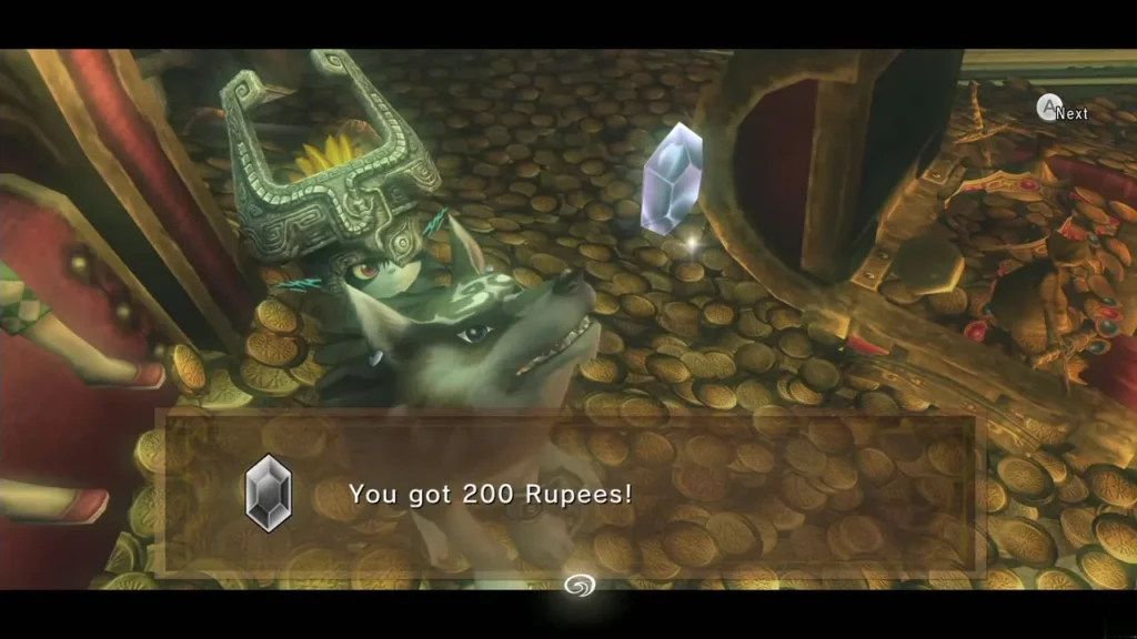 Wolf Link and Midna in the gold-filled throne room with a 200 Rupees message Wolf Link and Midna in the gold-filled throne room with a 200 Rupees message