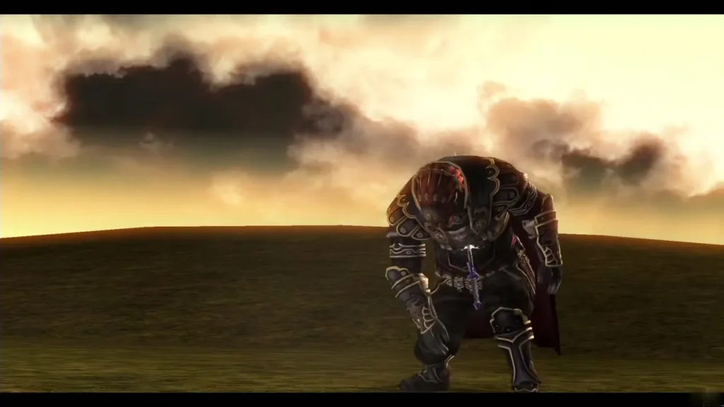 Defeated Ganondorf kneels on the field under a dark, cloudy sky Defeated Ganondorf kneels on the field under a dark, cloudy sky
