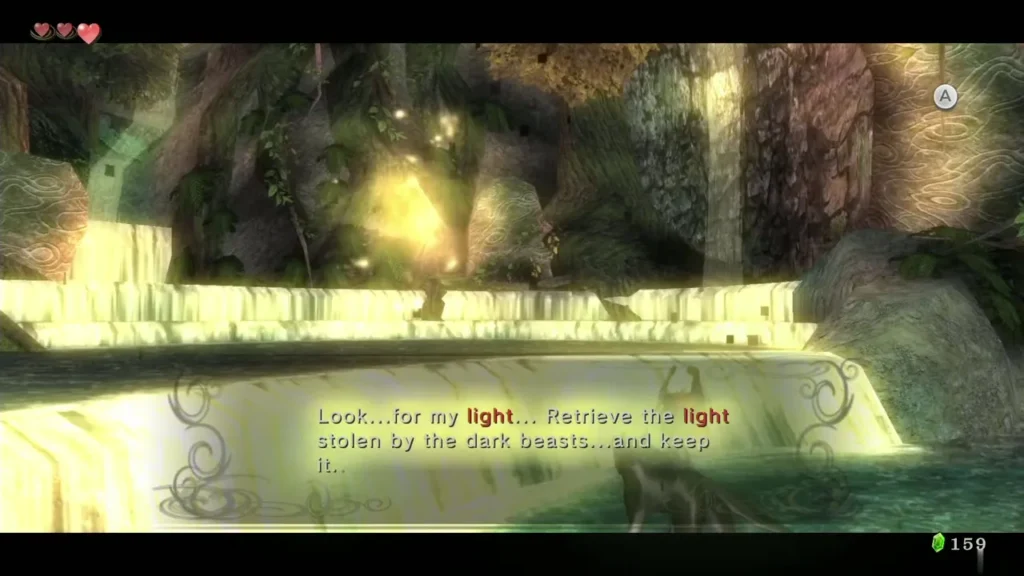 Glowing Light Spirit at Faron Spring asking Link to retrieve its light Glowing Light Spirit at Faron Spring asking Link to retrieve its light