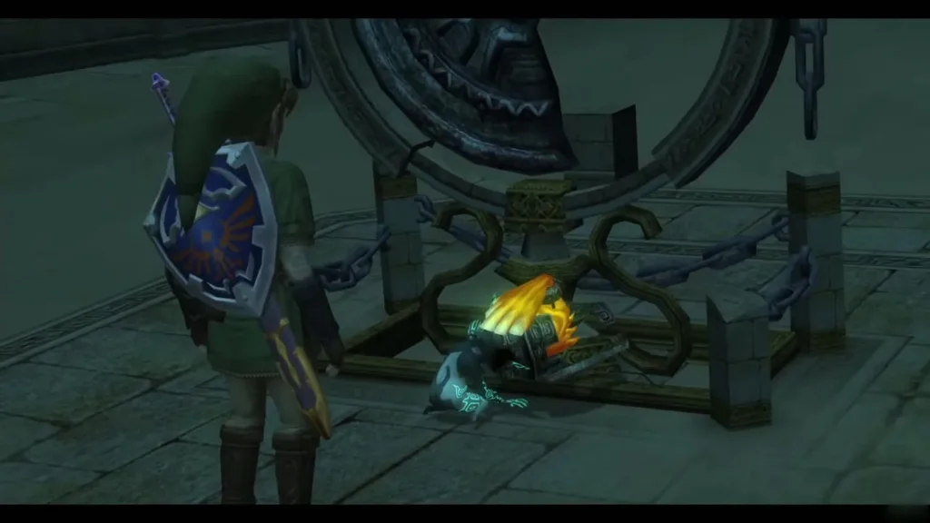 Link with his Hylian Shield beside the chained mirror ring Link with his Hylian Shield beside the chained mirror ring