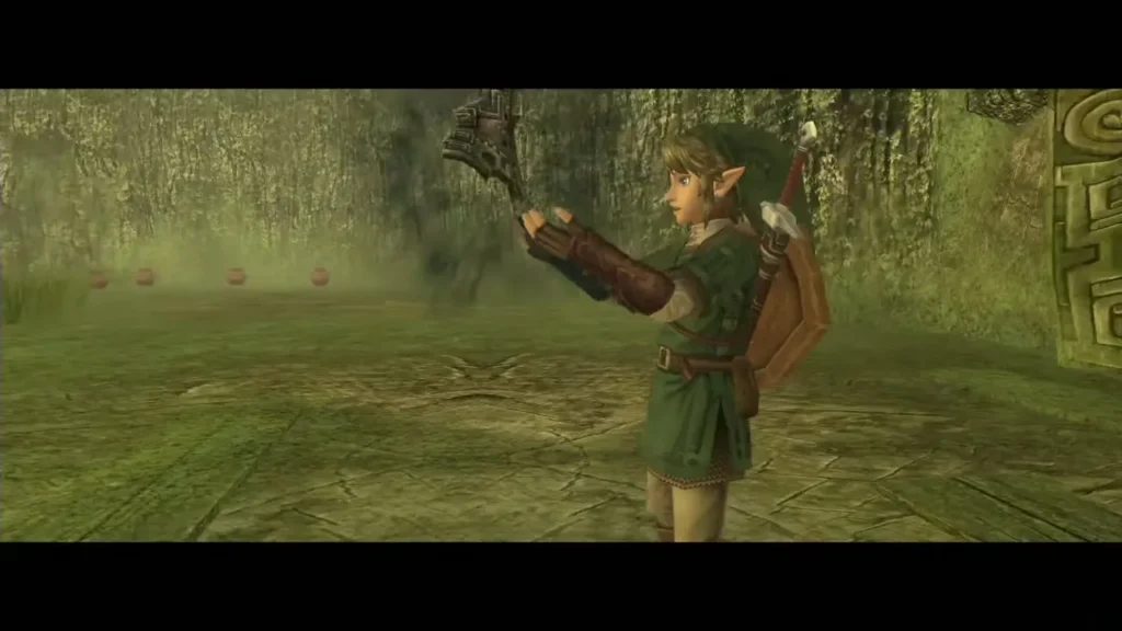 Link holding up the first Fused Shadow in the Forest Temple Link holding up the first Fused Shadow in the Forest Temple