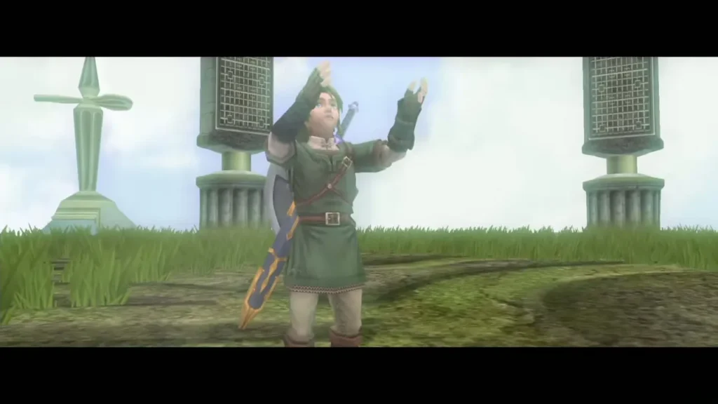 Link raises his arms above the sky-island grass as the Mirror Shard appears Link raises his arms above the sky-island grass as the Mirror Shard appears