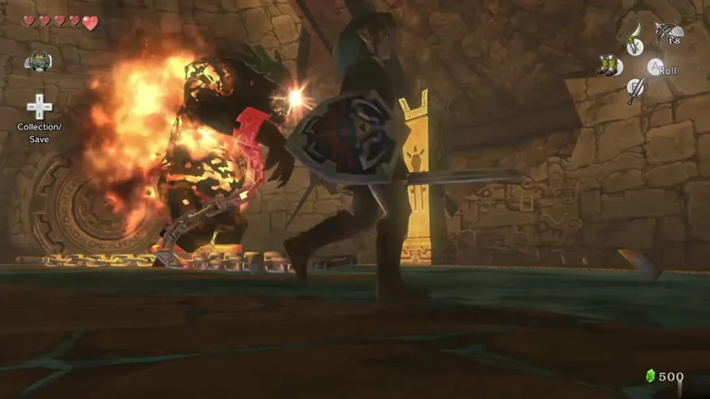 Link attacking the burning Fyrus with his sword and shield Link attacking the burning Fyrus with his sword and shield