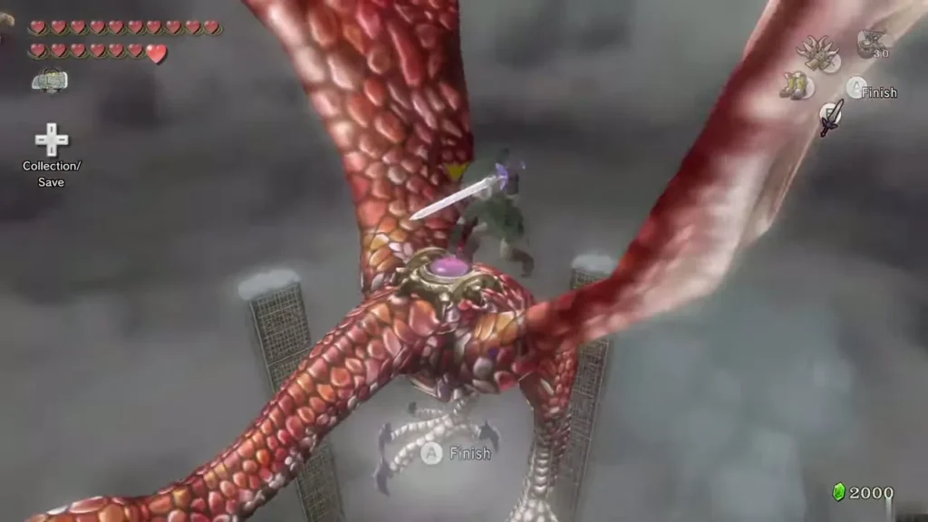 Link's sword strikes Argorok's back as he holds on to the dragon's neck Link's sword strikes Argorok's back as he holds on to the dragon's neck