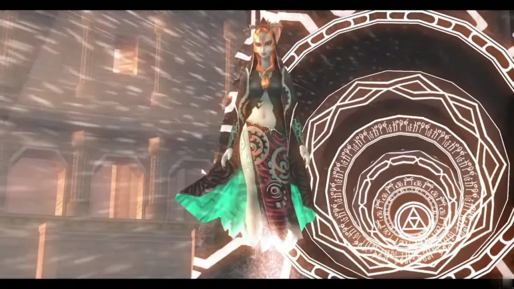 Midna stands beside a swirling sigil as the mirror glows behind her Midna stands beside a swirling sigil as the mirror glows behind her