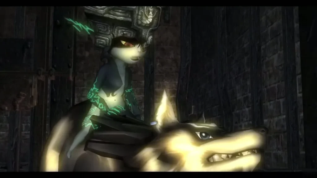 Midna climbing onto the back of Wolf Link in the dungeon Midna climbing onto the back of Wolf Link in the dungeon