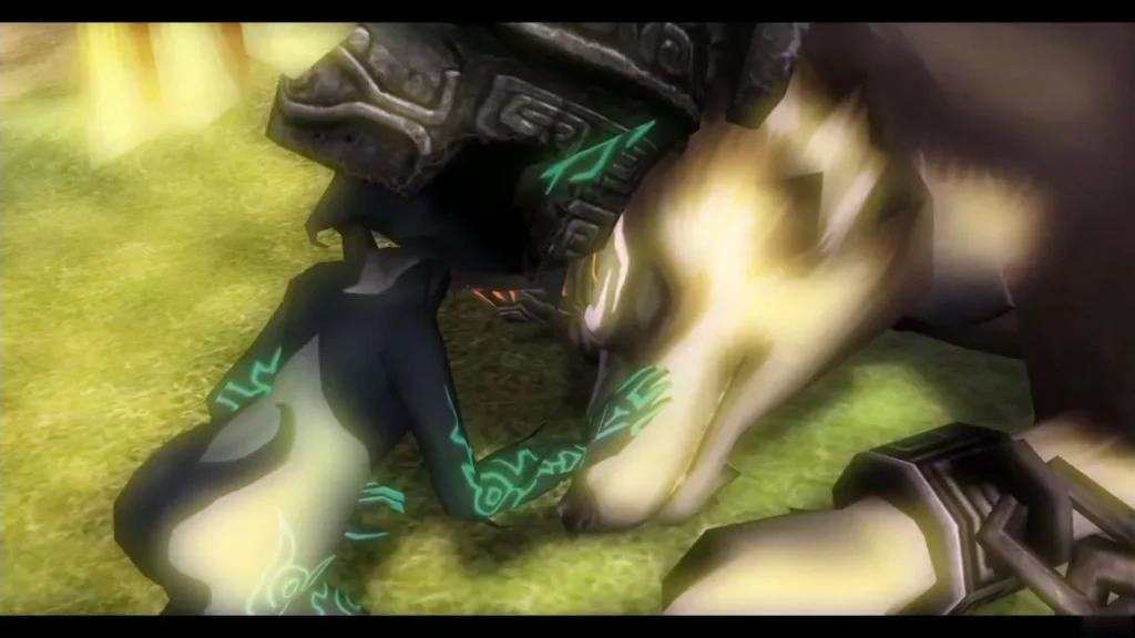 Midna collapsed on the grass beside Wolf Link Midna collapsed on the grass beside Wolf Link