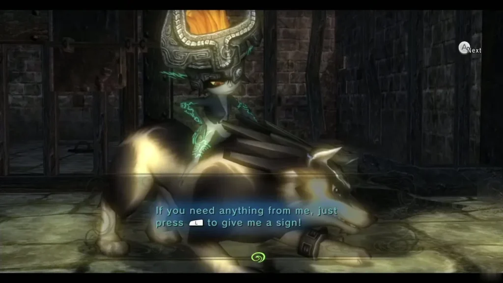 Midna riding Wolf Link and telling him to press a button to give her a sign Midna riding Wolf Link and telling him to press a button to give her a sign
