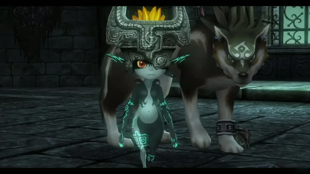 Midna standing healthy beside Wolf Link in the castle chamber Midna standing healthy beside Wolf Link in the castle chamber