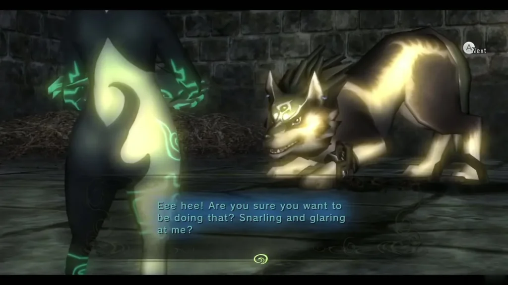 Midna standing over Wolf Link in the dungeon cell and mocking him Midna standing over Wolf Link in the dungeon cell and mocking him