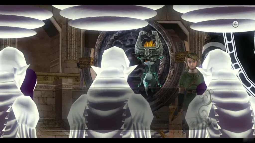 Link and Midna at the Mirror of Twilight surrounded by white Twili statues Link and Midna at the Mirror of Twilight surrounded by white Twili statues