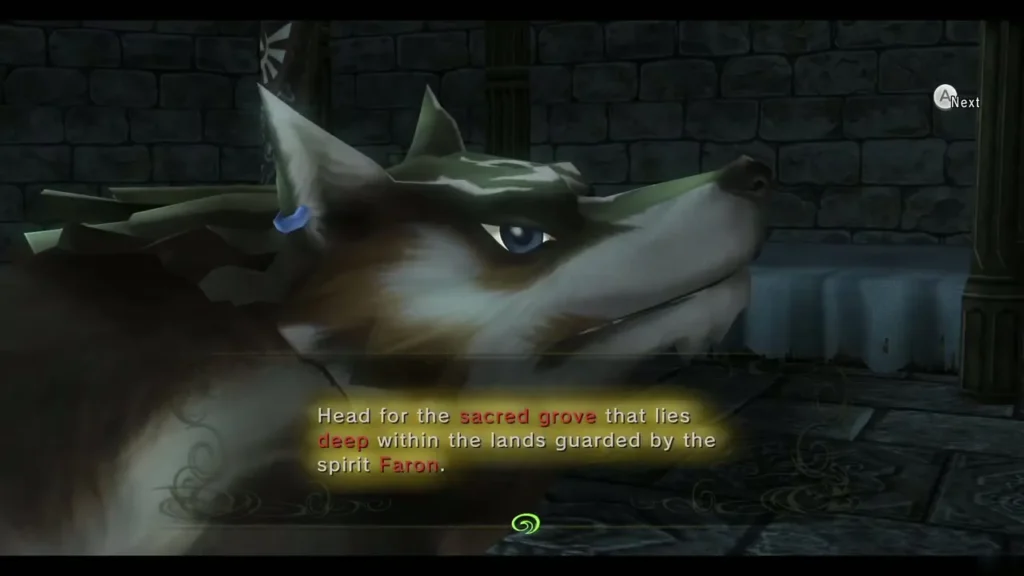 Wolf Link listening as the hooded Zelda names the Sacred Grove guarded by Faron Wolf Link listening as the hooded Zelda names the Sacred Grove guarded by Faron