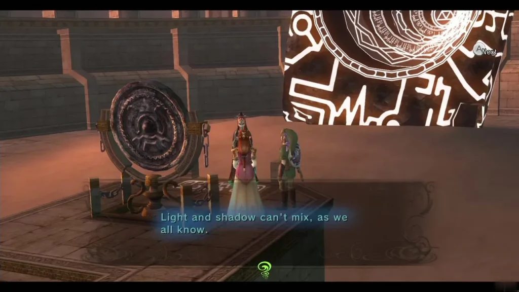 Zelda and Midna speak beside the Mirror of Twilight in the Mirror Chamber Zelda and Midna speak beside the Mirror of Twilight in the Mirror Chamber