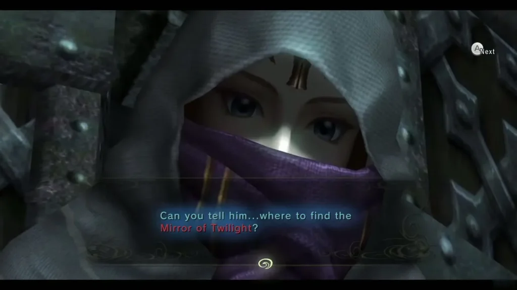 Hooded Zelda in a purple scarf asks where to find the Mirror of Twilight Hooded Zelda in a purple scarf asks where to find the Mirror of Twilight