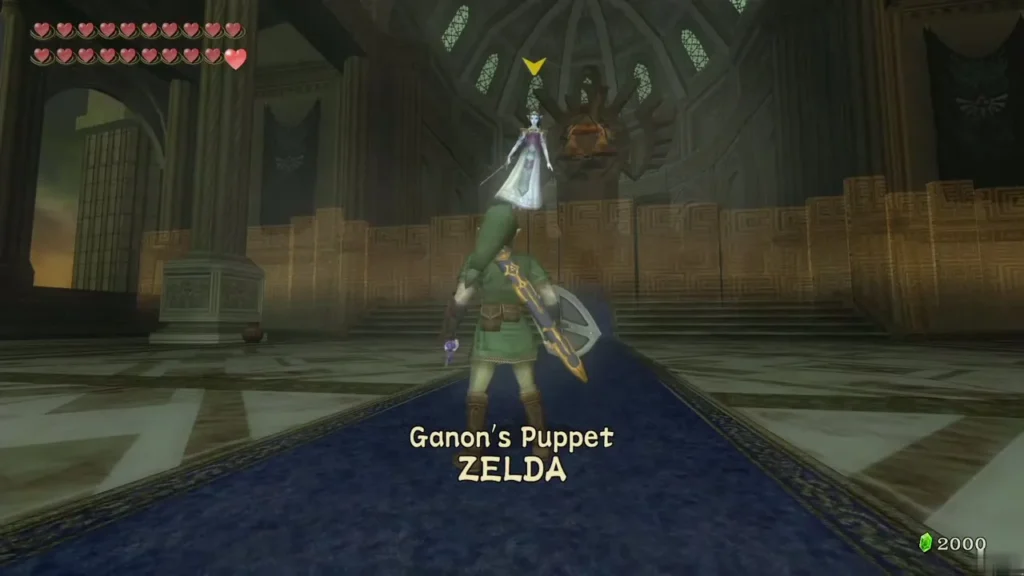 Link faces Zelda as the Ganon Puppet name card appears in the throne hall Link faces Zelda as the Ganon Puppet name card appears in the throne hall