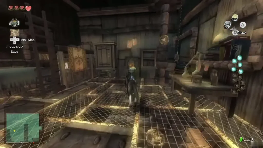 Wolf Link upstairs in the bomb shop's netted room