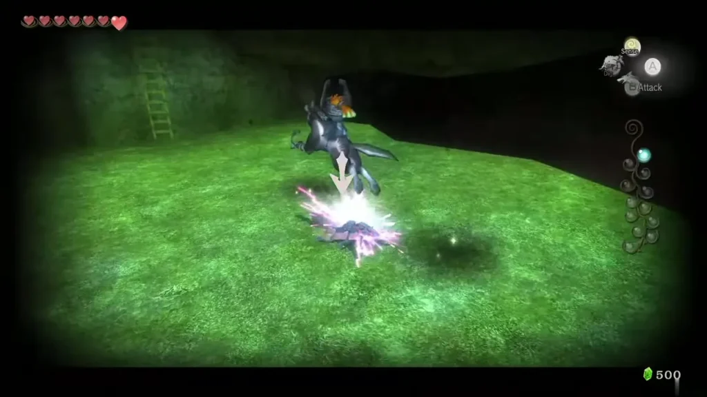 Wolf Link facing a burrowing Shadow Insect on a grassy ledge