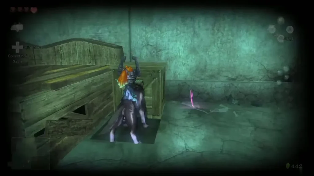 Wolf Link pushing a wooden crate aside in a teal-lit storeroom