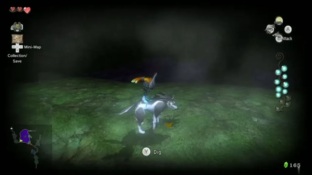 Wolf Link stands on a dig spot in the swamp with the Dig prompt showing