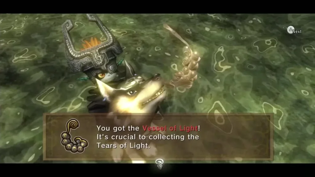 Wolf Link with Midna receiving the Vessel of Light in the Eldin spring, with its item message