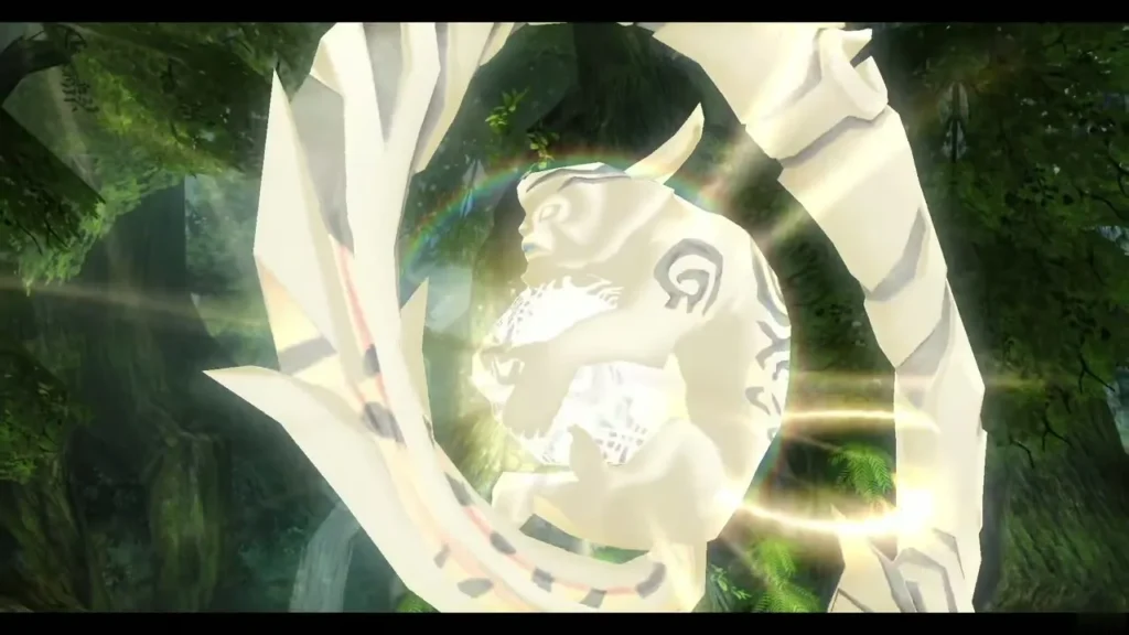 The spirit of Faron takes shape inside a ring of glowing light in the forest