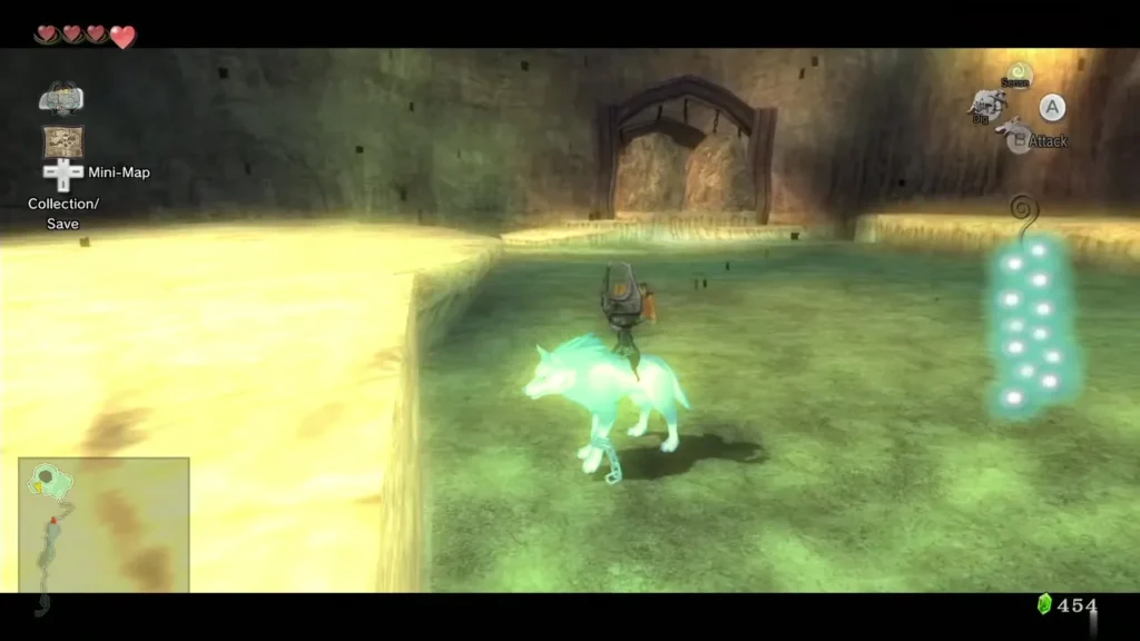 Glowing Wolf Link in the Death Mountain arena with the Tears of Light gauge full