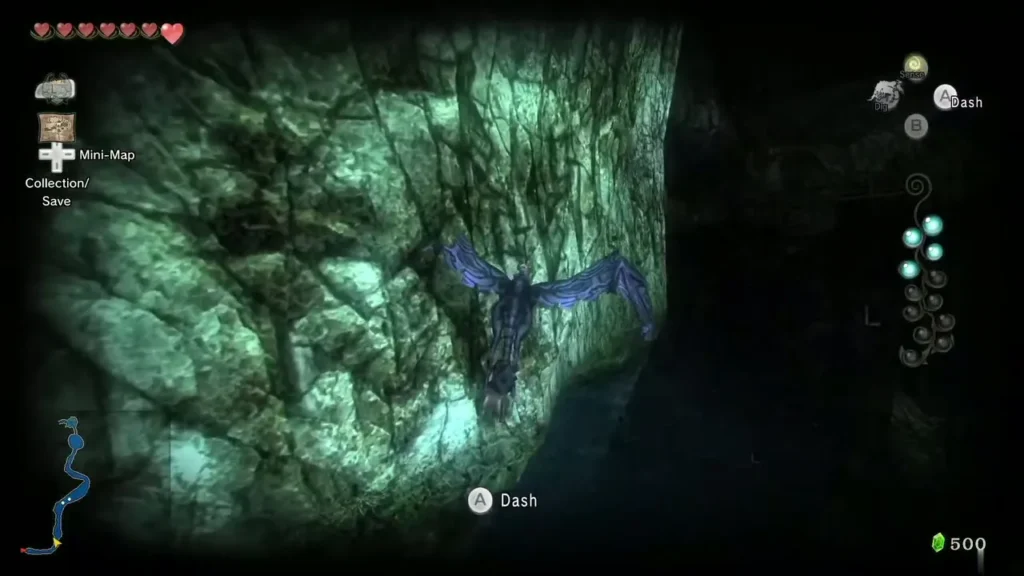 Kargarok gliding along a cave cliff while the dash prompt shows