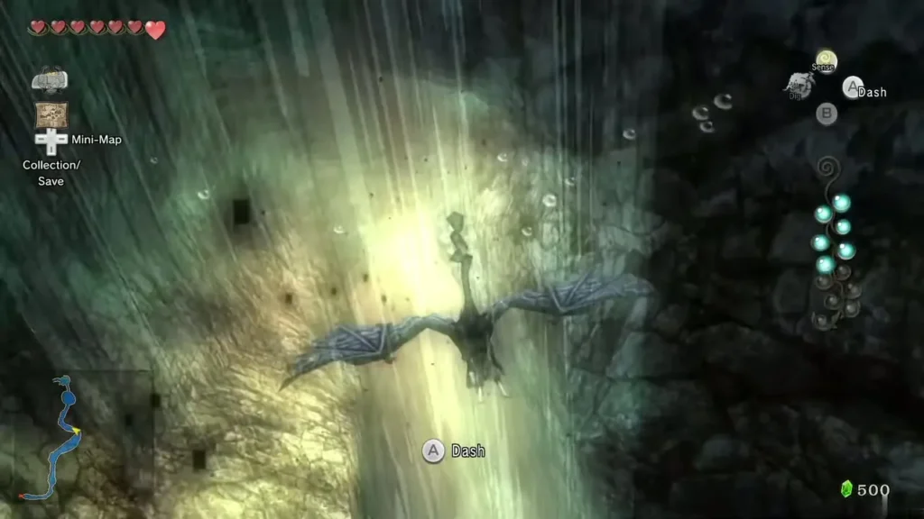 Kargarok flying through a shaft of light in the cave while the dash prompt appears