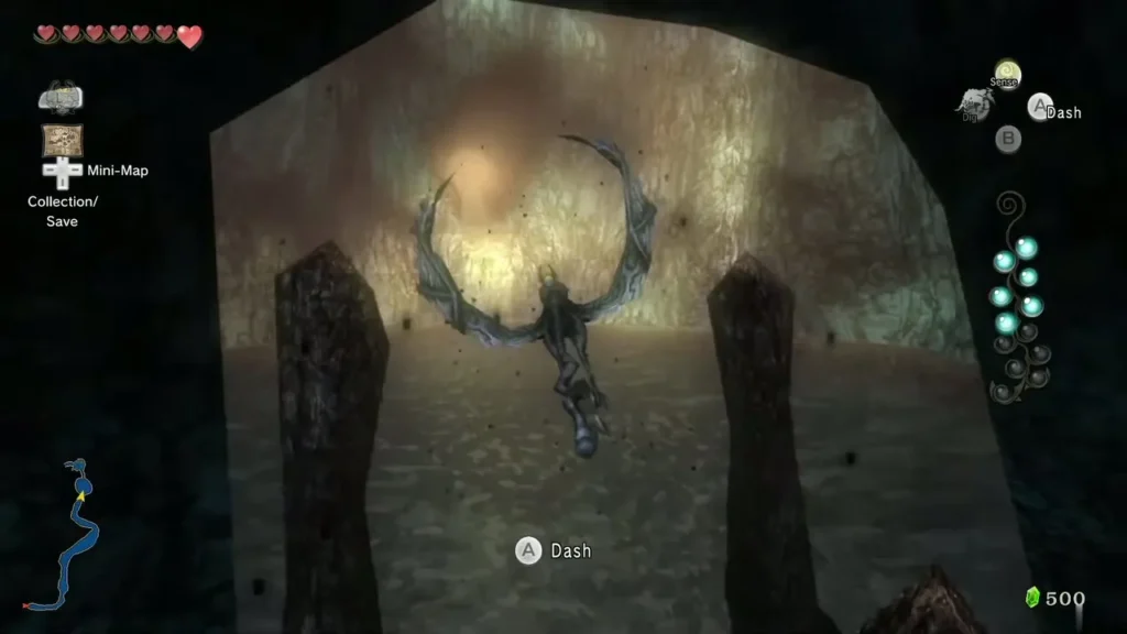 Kargarok flying under a stone arch in the cave, ready to dash